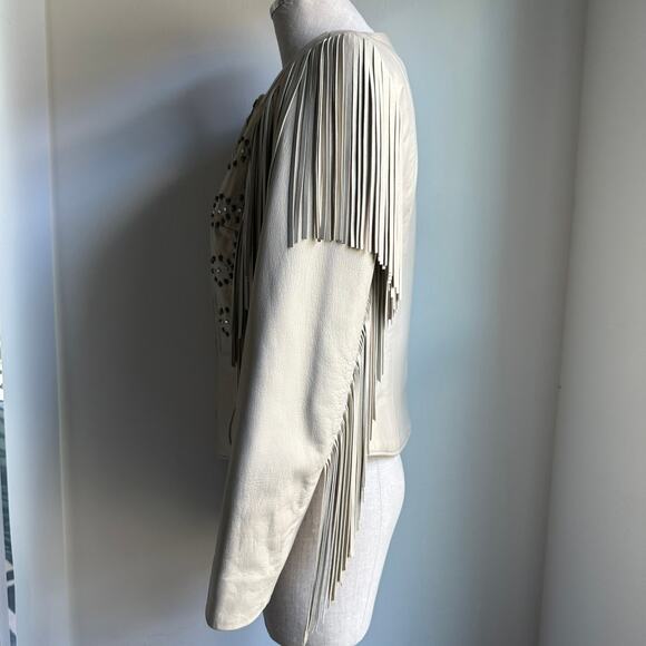 Patricia Wolf Pearlized Leather Fringe Jacket Beige Women’s 10 Made in Texas - Picture 4 of 13